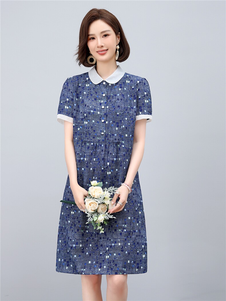 2025年夏季优雅气质碎花娃娃领时尚休闲碎花连衣裙,女装连衣裙,依恋蒂丝