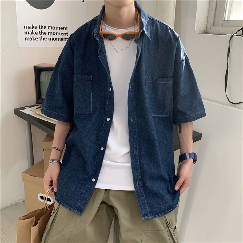 衬衫男短袖夏季薄款牛仔衬衣港风宽松休闲韩版潮流百搭CS05-P40,男装衬衫,星座1008