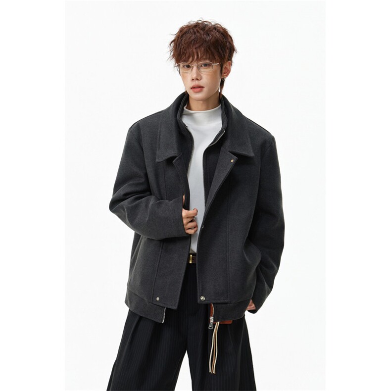 老钱风假两件短款毛呢大衣男秋冬痞帅高级感美式结构呢子风衣外套，男装风衣，星座903-1
