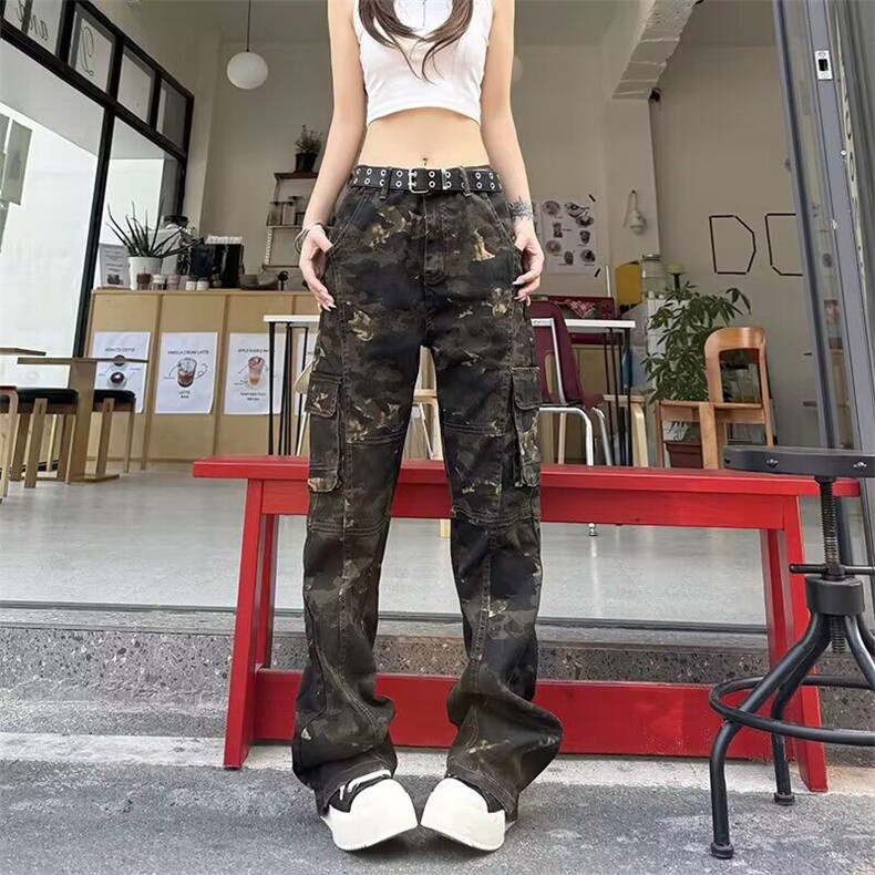 美式牛仔裤男春秋高街直筒长裤弯刀迷彩微喇叭裤KZ18N7019-TP55,男装牛仔裤,电商A247C