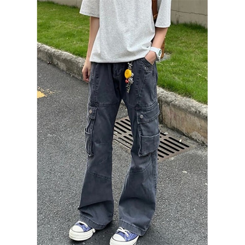 解构工装休闲裤男女春季痞帅阔腿裤高街多口袋微喇裤K6935,男装工装外套,星座1116A（原606A-3）