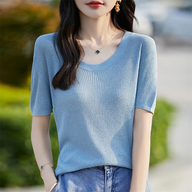 针织短袖t恤女2025夏新款U型领宽松休闲,针织衫/毛衣,暖烁羊绒