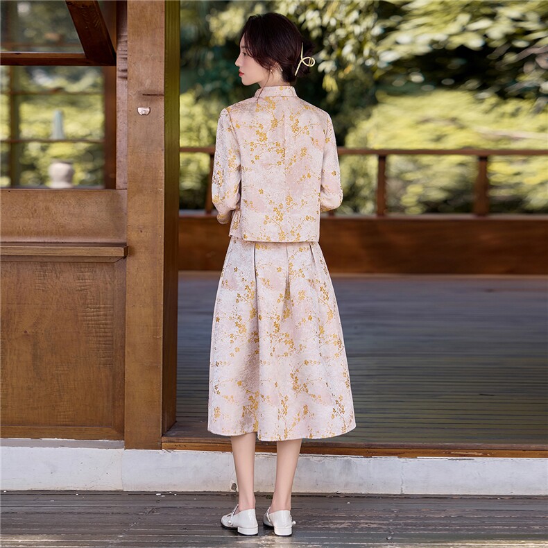 3127复古新中式提花两件套裙,女装套装/套裙,香莘料
