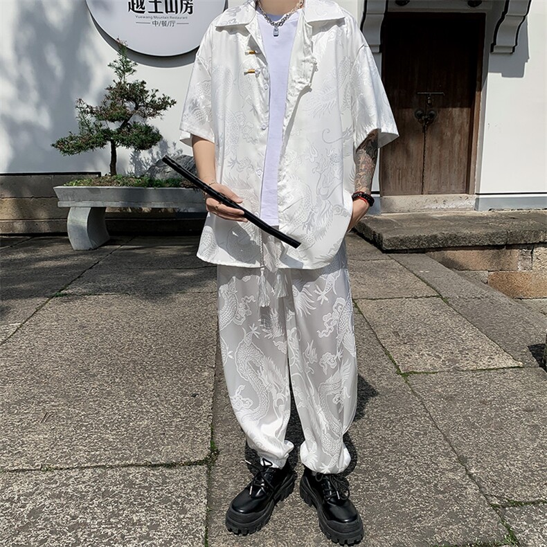 套装新中式衬衫短袖男港风提花帅2024夏季ins长裤两件套W5814-P72,男装衬衫,星座412-2
