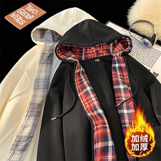 毛毯风格子开衫连帽卫衣宽松2026冬季潮牌加绒外套A436-117-P60，男装卫衣，电商A436