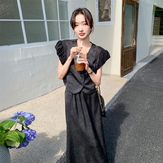 【新品现货】醋酸缎压皱纹理气质花苞袖套裙F552-P145-K198，女装套装/套裙，2C255