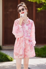 青花瓷衬衫短裤套装女新款夏季小个子欧货新中式休闲防晒两件套，女装套装/套裙，韩美纤衣