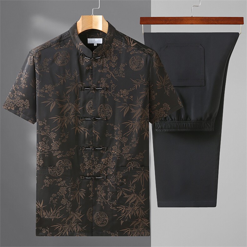 2022男高端风短袖唐装衬衫中式中老年风立体刺绣套装T恤，男装中老年男装，钱塘723