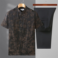 2022男高端风短袖唐装衬衫中式中老年风立体刺绣套装T恤，男装中老年男装，钱塘723