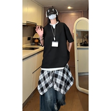 A2011TP30控55-夏季新款2025美式复古双层V领假两件拼接短袖T恤男，男装T恤，电商B241