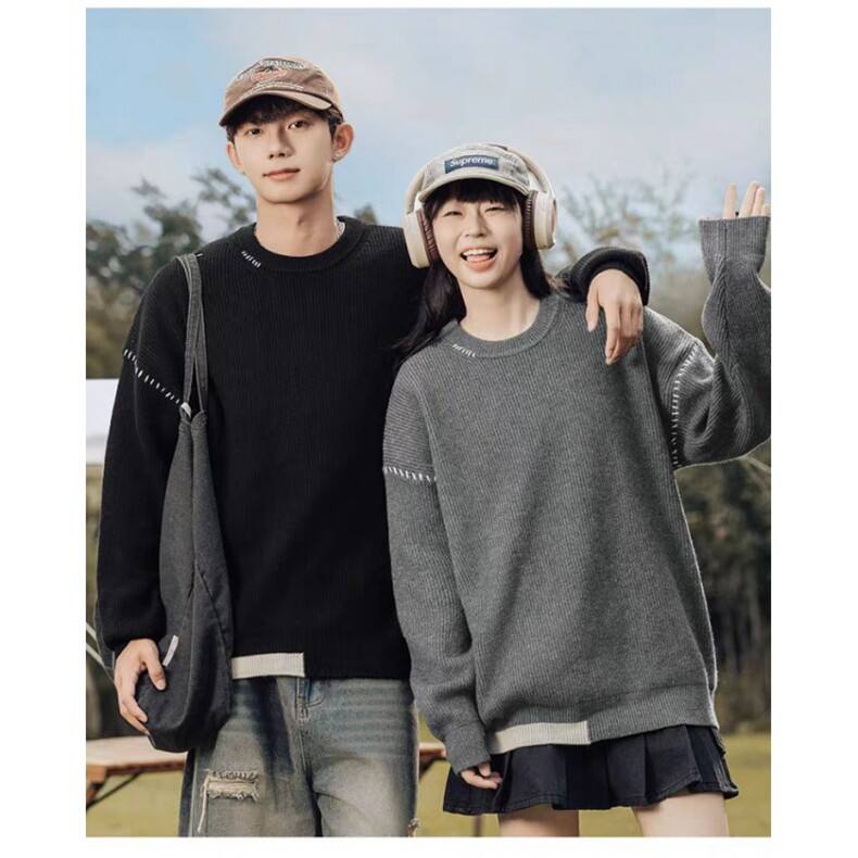 网图现货秋季明线拼色圆领针织衫情侣宽松保暖毛线衣服RM05-P60，男装针织衫/毛衣，星座1005-4