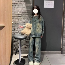 复古蓝色立领长袖牛仔外套女春季美式宽松夹克设计感气质拉链上衣，男装夹克，星座506A