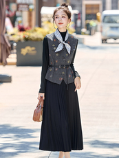 轻奢高级感马甲两件套连衣裙女2025秋季新款气质洋气中长网纱裙子，女装套装/套裙，悠米