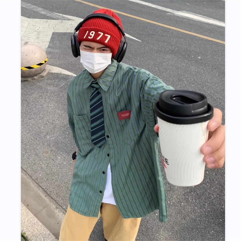 配领带 2025夏季衬衫男韩版潮条纹复古文艺新款ins外套CY182-P38图片