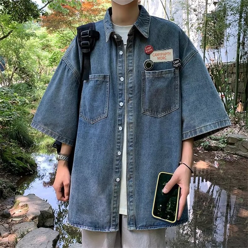 夏季新款衬衫潮流慵懒男方领衬衫牛仔夹克 P46图片