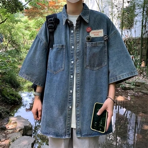 夏季新款衬衫潮流慵懒男方领衬衫牛仔夹克 P46图片