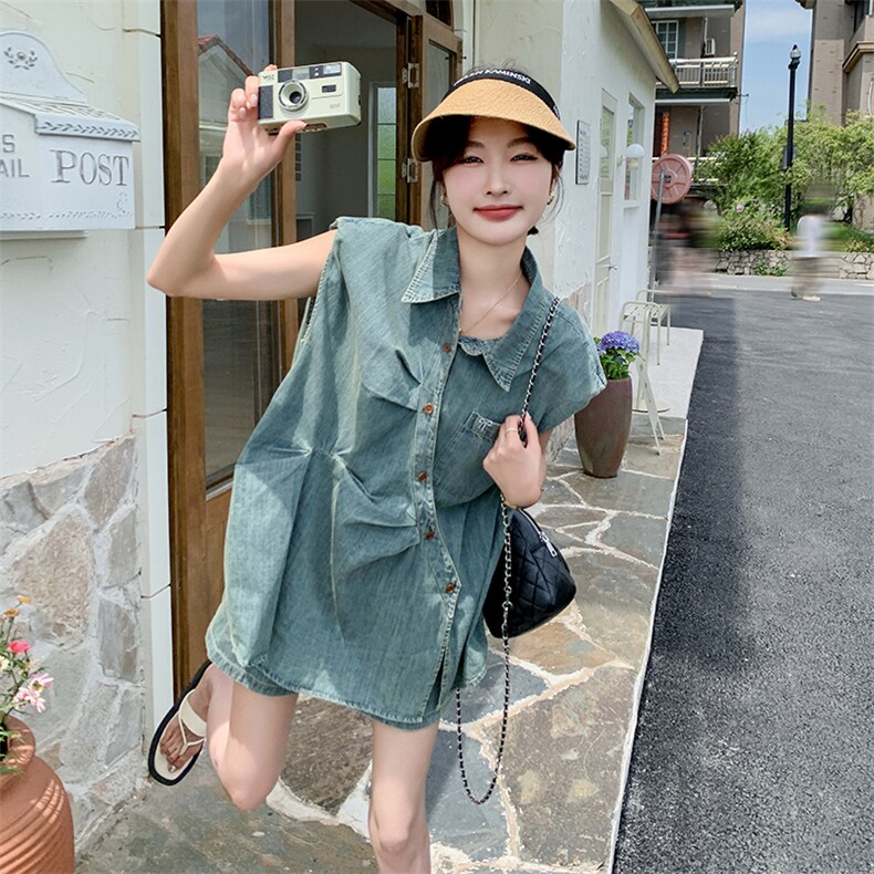 2025新款设计感复古牛仔套装女个子不规则无袖衬衣短裤两件套,女装套装/套裙,2C166