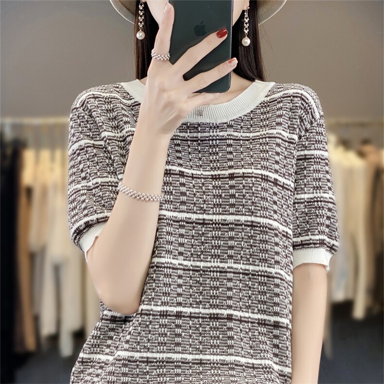 纯棉短袖女夏季新款条纹撞色圆领半袖宽松薄款针织上衣短袖,针织衫/毛衣,斯美雅电商供货