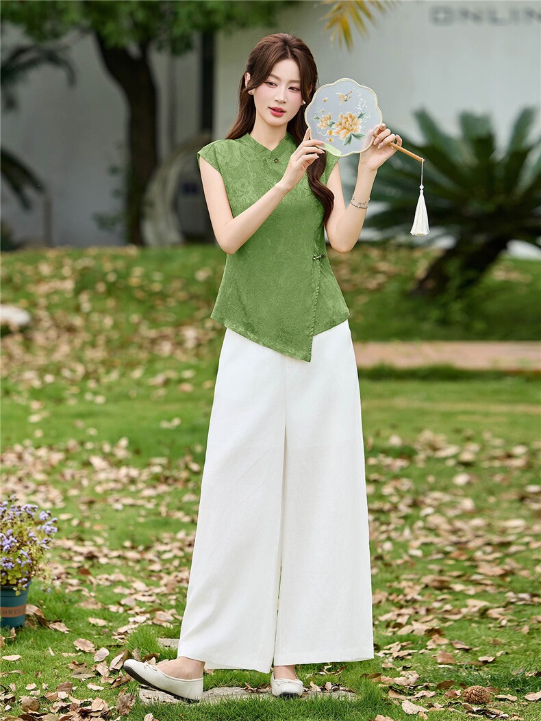 新中式风套装女夏高级感缎面提花天丝亚麻阔腿裤时尚洋气两件套,女装套装/套裙,丽影随形