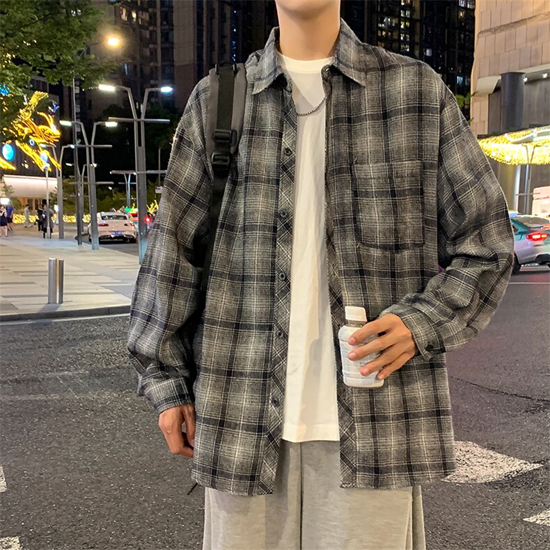 控价59港风格子衬衫宽松外套男女衬衣百搭格子外套CS2418P35,男装衬衫,电商A128