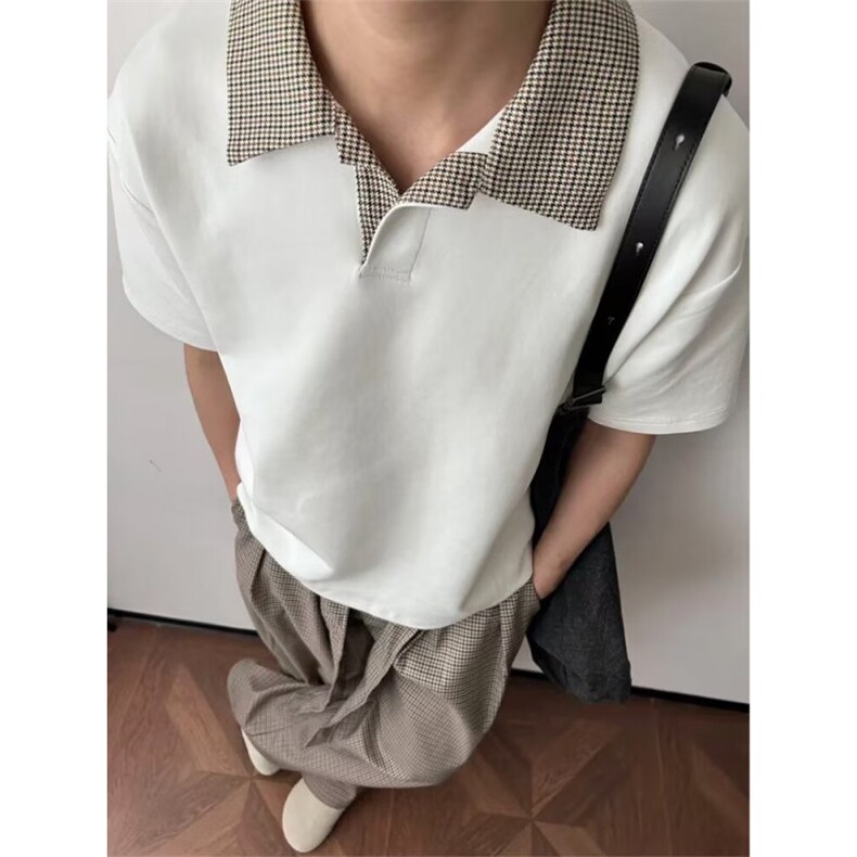 千鸟格拼接polo衫短袖男夏季老钱风复古正肩T恤重磅半袖TXT65,男装T恤,星座516A