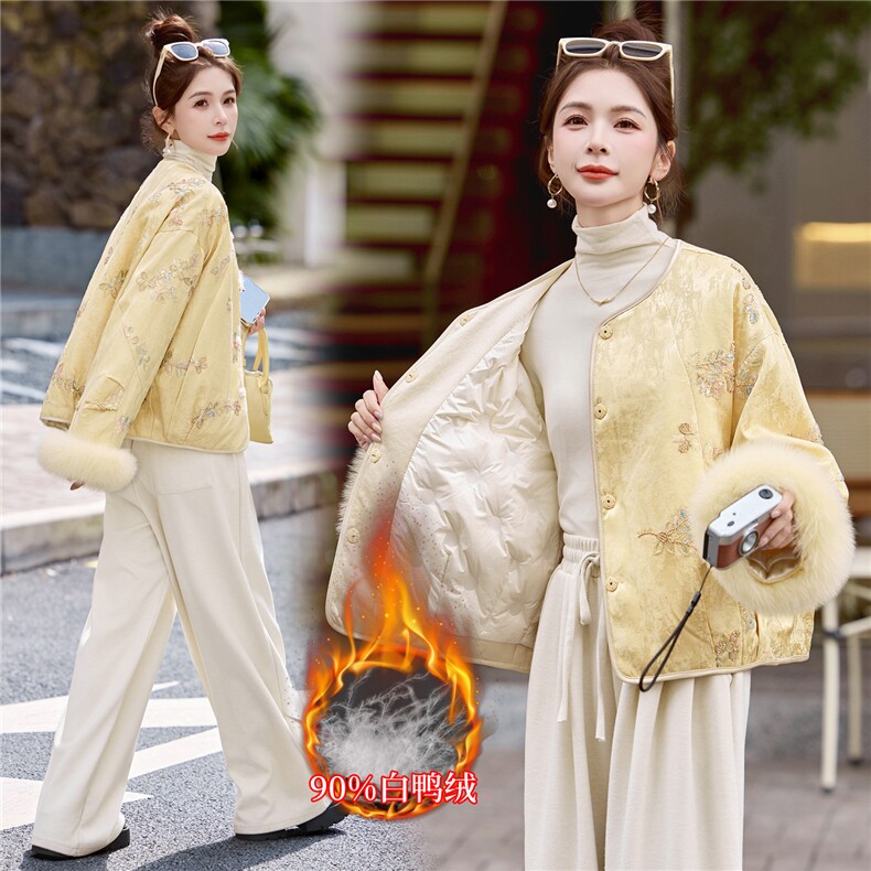 【bao款大货加色】2025冬装新中式重工钉珠90%白鸭绒狐狸毛外套,女装羽绒服,雅静靓衣