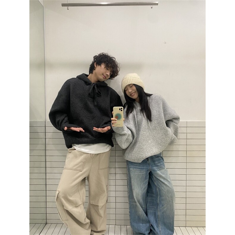 美式连帽针织衫外套男秋季潮牌花灰色情侣毛衣高街慵懒风百搭上衣,男装针织衫/毛衣,星座516A