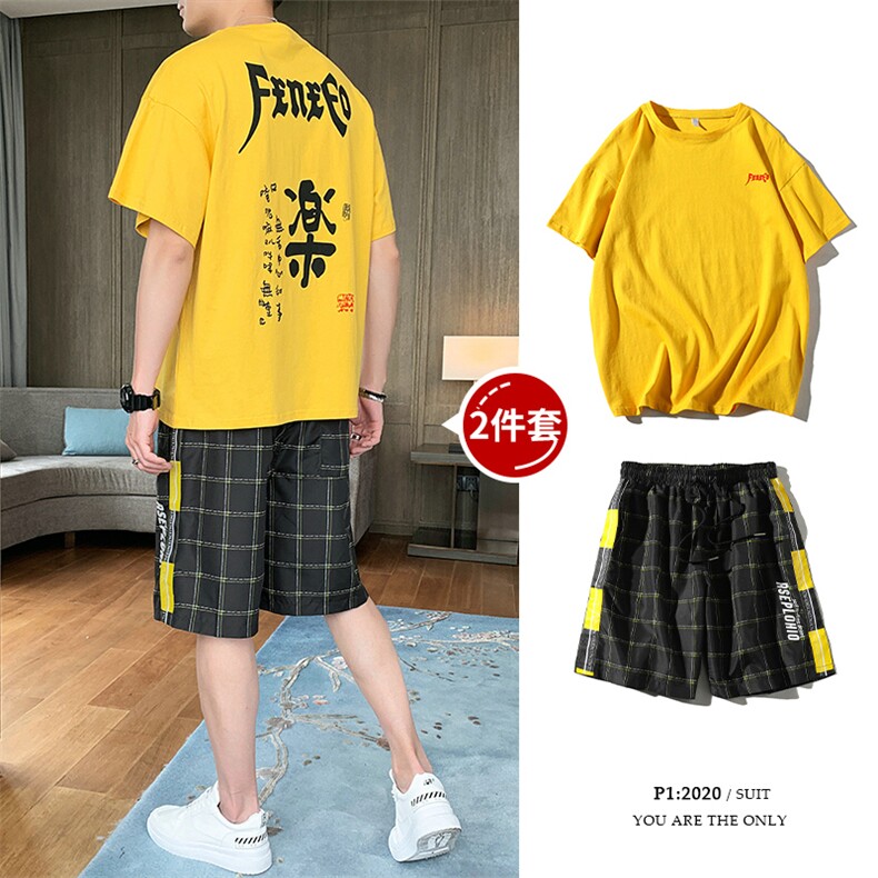 男士潮牌套装2021夏季新款韩版潮流时尚休闲运动一套DS785T图片