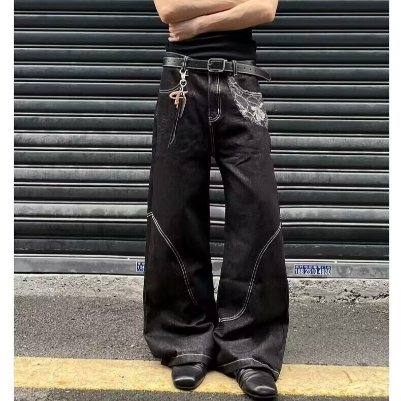8588-P442025微喇分割牛仔裤男秋冬款水洗做旧美式高街黑色,男装牛仔裤,电商B323A