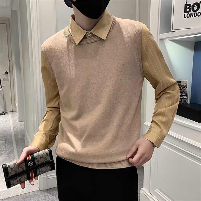 秋冬季假两件衬衫领毛衣男士英伦修身条纹针织打底衬衫潮Q111-P55,男装针织衫/毛衣,星座1109-3