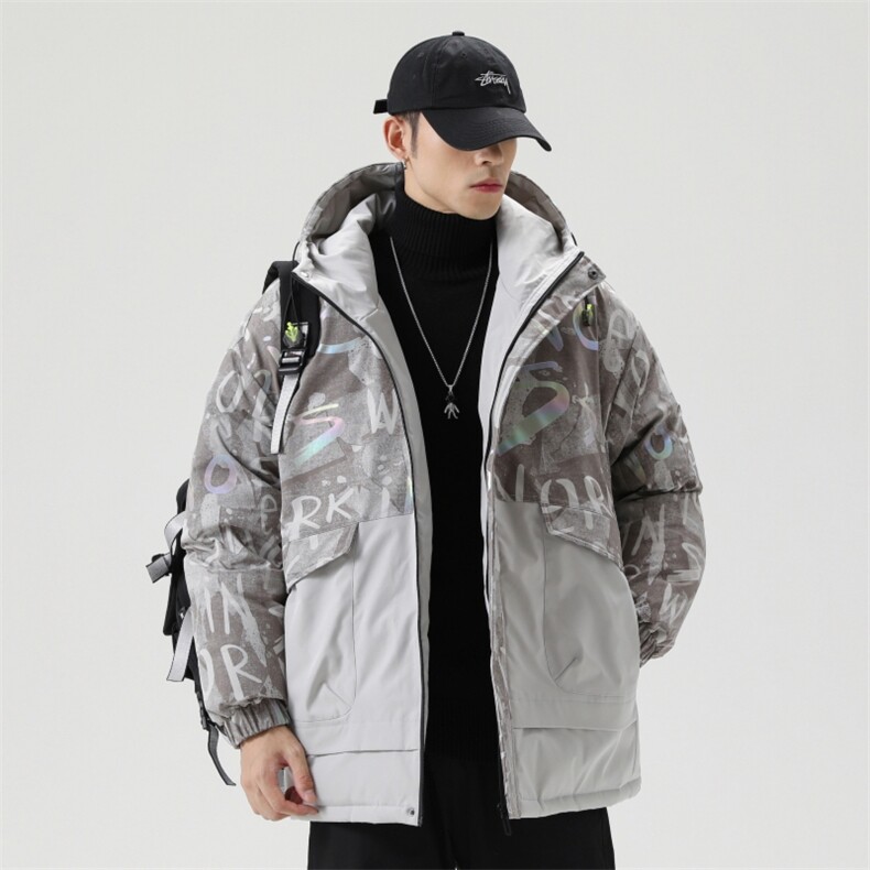 以 日系灰底90%白鸭绒毛领连帽休闲加厚羽绒服男XZ109-P198图片