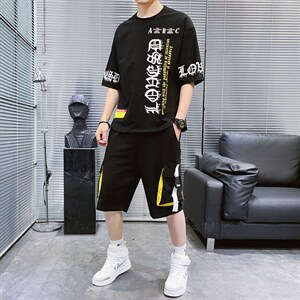 夏季新款短袖T恤短裤套装运动休闲宽松潮流两件套男装F178P70图片