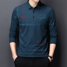 春秋季中年男士加绒印花长袖t恤爸爸装翻领上衣宽松免烫POLO衫，男装T恤，电商B212（原钱塘6029）