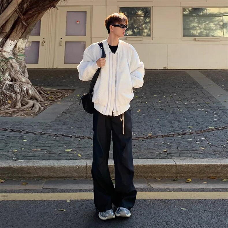小众设计感白色压皱美式棒球服男款秋冬潮牌高级感短款飞行员夹克,男装夹克,星座506A