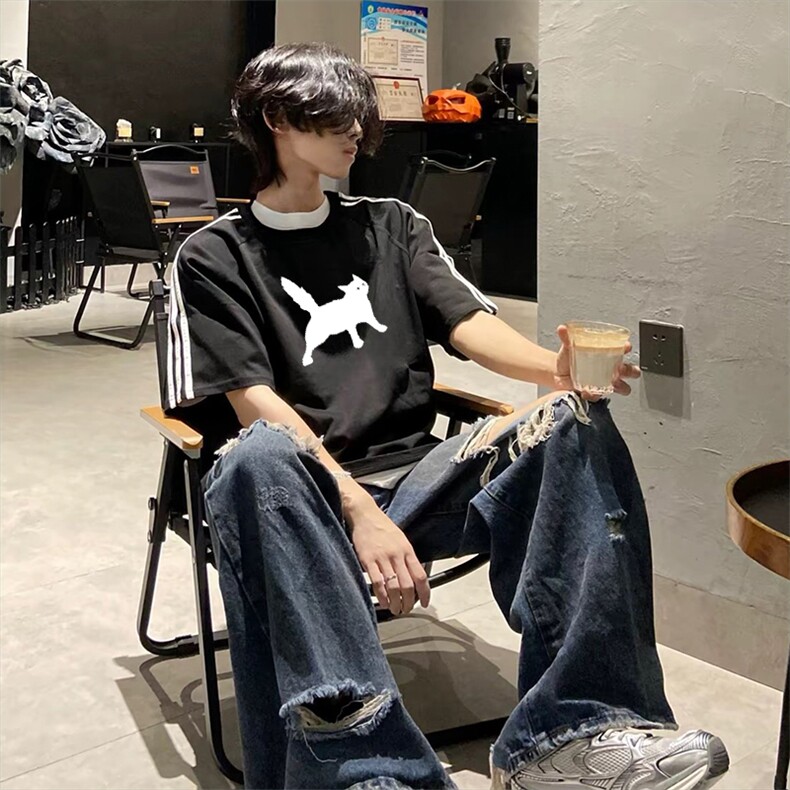 抖音得物高品质二开240克宽松纯棉美式潮牌三条杠织带短袖T恤，男装T恤，电商A486