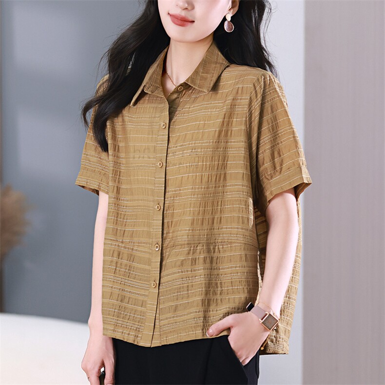 短袖衬衫女装夏季2024新款宽松显瘦条纹上衣真丝醋酸欧货品牌衬衣，女装衬衫，梦芯尔