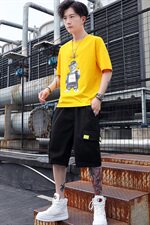 有版权纯棉原创小熊套装圆领T恤潮免搭工装短裤假两件T766-P58，男装套装，星座1206（原A206）