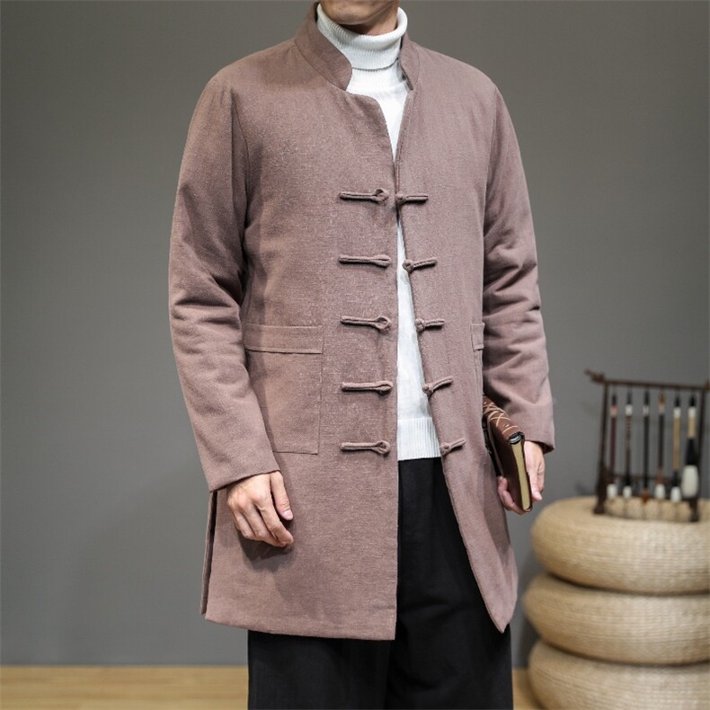 20258^冬风男中长款盘扣民族风复古休闲汉服外套唐装青年长衫，男装棉衣，钱塘777(原3023)