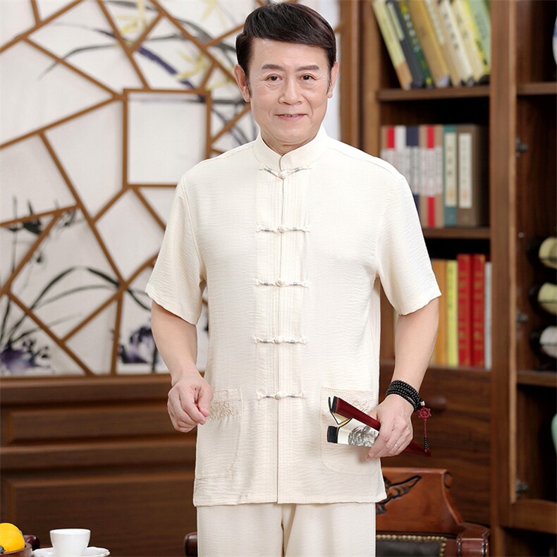 亚麻男装中老年人短袖居士服夏季中式汉服火凤大码爸爸装,男装T恤,钱塘723