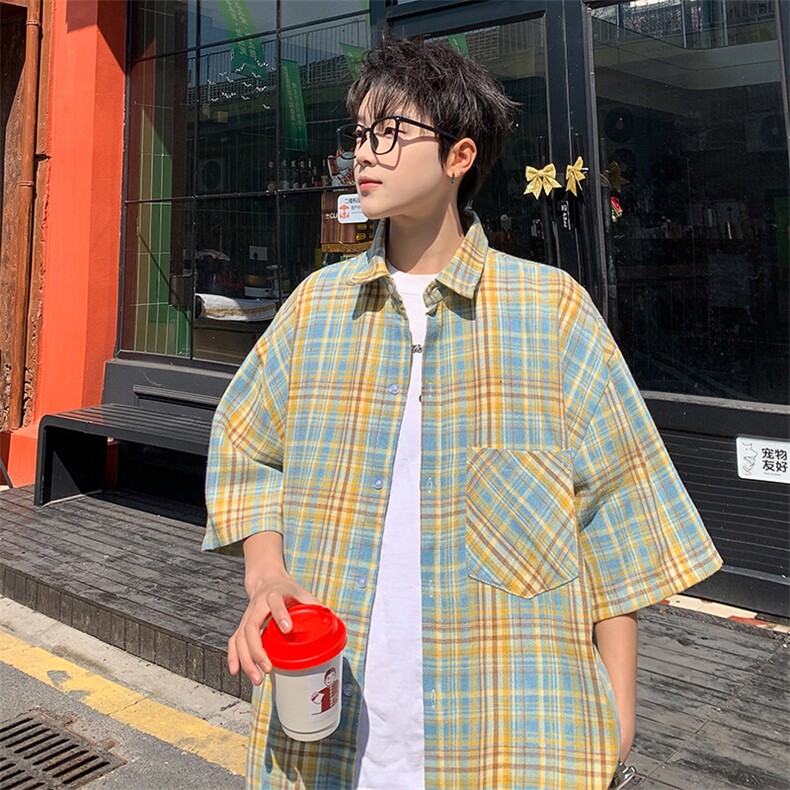 短袖衬衫男夏季新款磨毛格子衬衣DX711-特批25无差价,男装衬衫,星座214-3