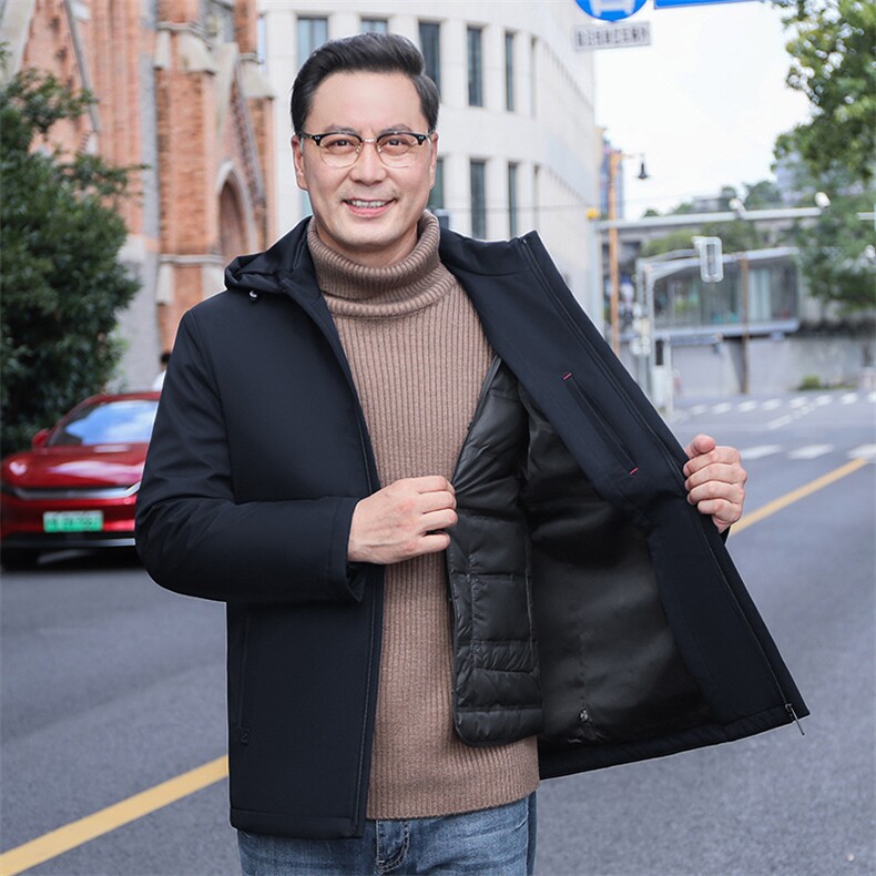 男士新款羽绒服中年商务休闲冬季加厚保暖男装连帽可脱卸内胆外套,男装羽绒服,电商B212（原钱塘6029）