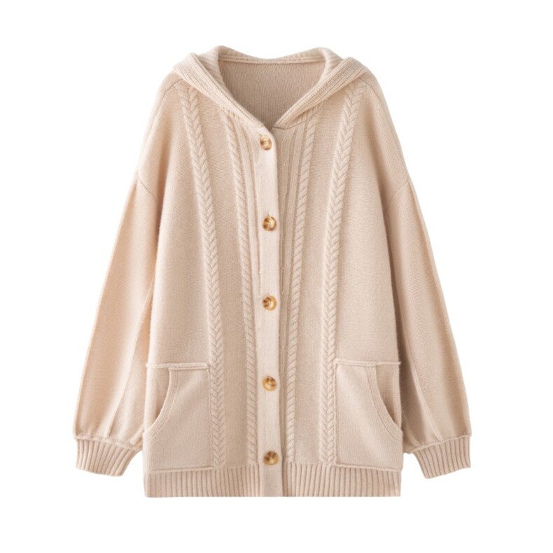 2025秋冬百搭时尚抽绳扭花加厚大帽衫，女装针织衫/毛衣，木淼羊绒