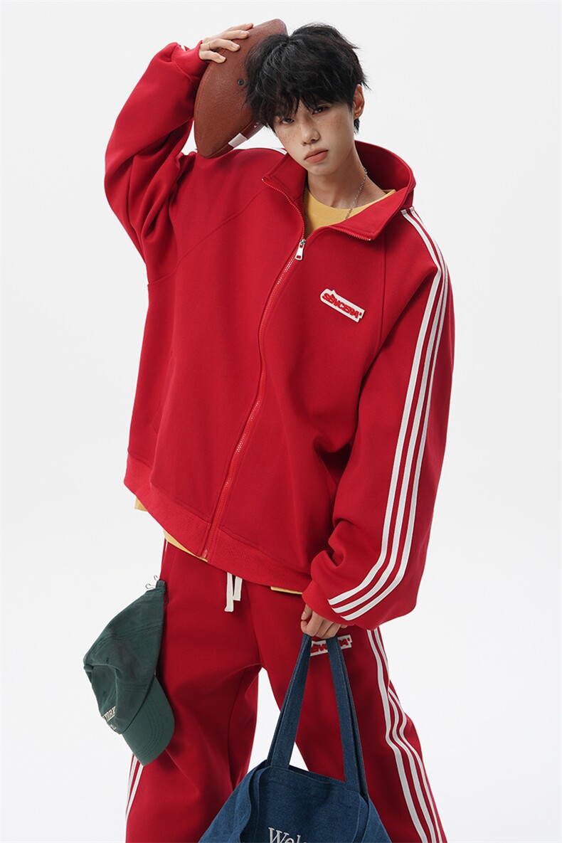 8XL-M条纹撞色开衫新年红卫衣运动套装潮牌运动服校园风TZ114P118,男装休闲套装,电商D206-1