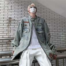 美式复古水洗牛仔外套男春秋2024潮牌宽松休闲刺绣立领机车服，男装工装外套，星座410-6（原星座1304-1）