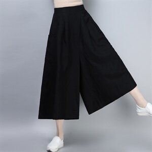 2021年夏季新款苎麻阔腿裤子女七分裤韩版休闲时尚松紧腰裙裤女