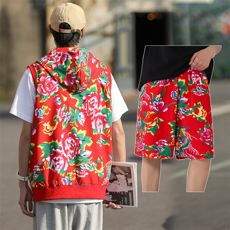 TZ002东北大花休闲连帽马甲坎肩背心男女团队服短裤运动套装汉服,男装休闲套装,星座115A(原星座507）