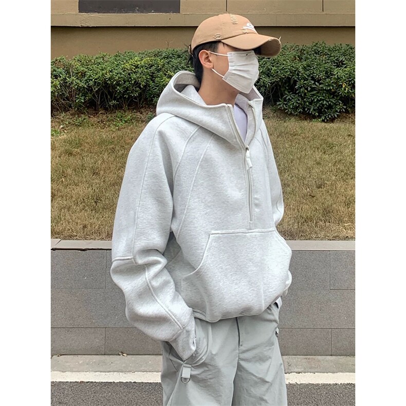 抖音得物二开美式重磅宽松结构拉链设计防风高领连帽卫衣外套W76,男装卫衣,电商A486