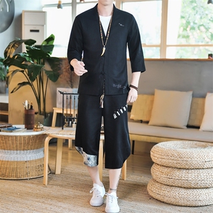 夏季亚麻男士七分裤风套装开衫休闲运动衫A266-1-TZ4058-P75图片