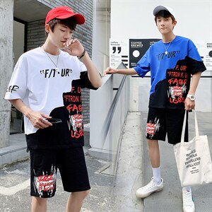 夏季半袖透气棉T恤套装男宽松运动两件套F48P58图片