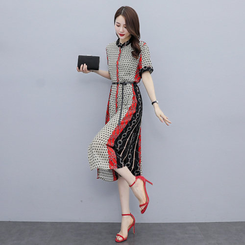 奥特莱斯撞色印花连衣裙女夏季翻领显瘦减龄气质衬衫裙图片